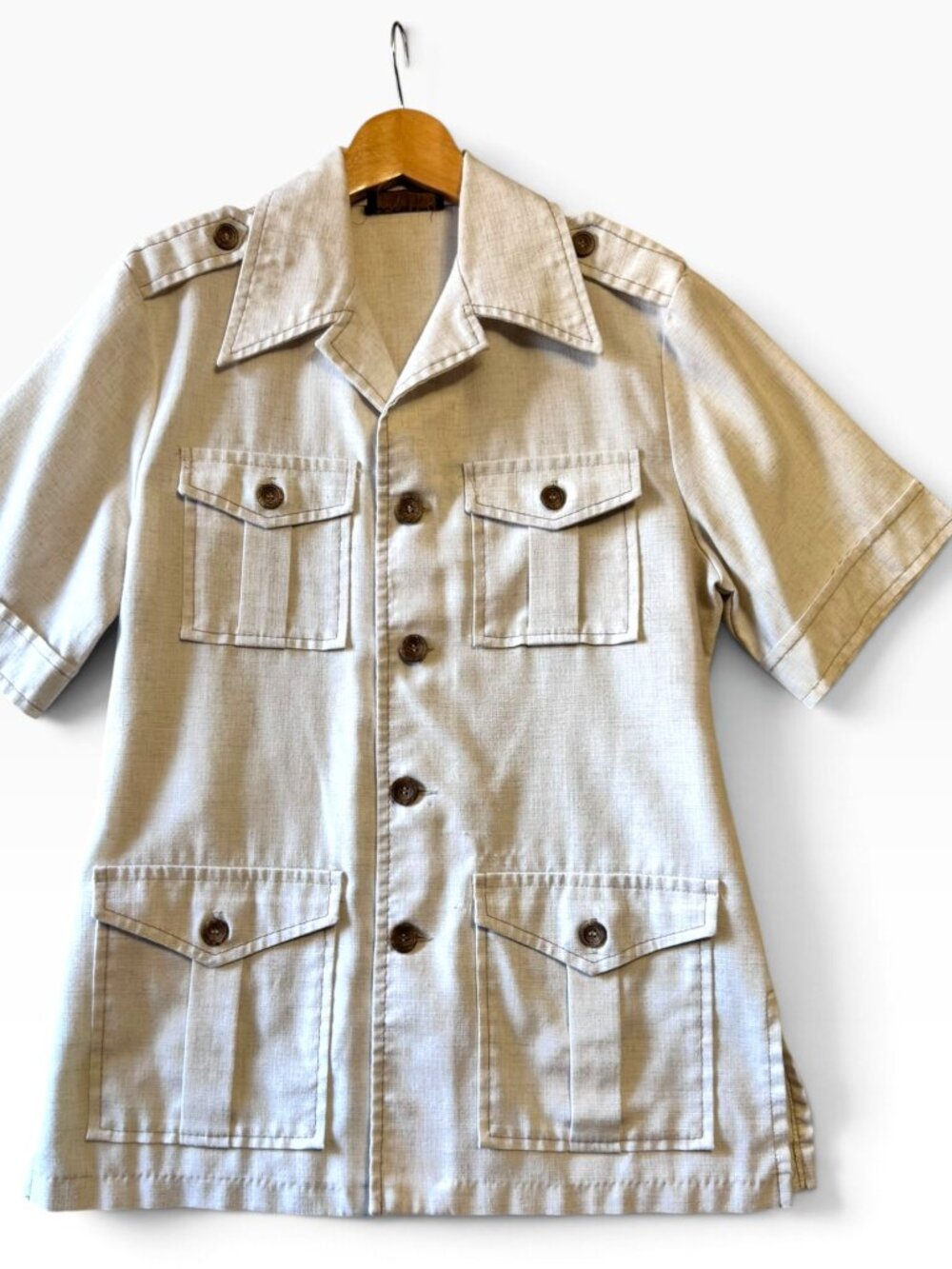 JC Penney Vintage Button-Up Safari Shirt Beige Short Sleeve Medium Linen